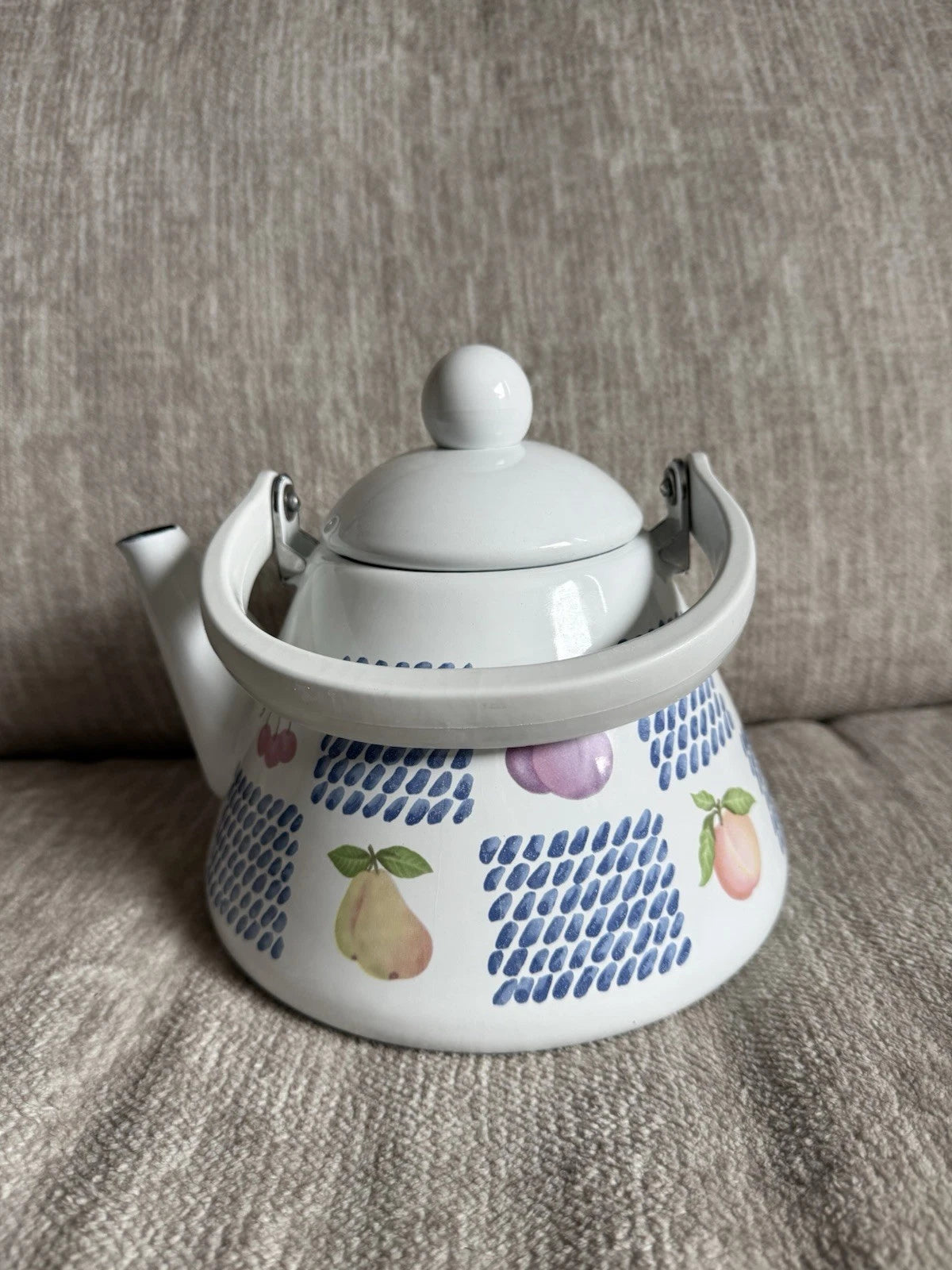 Vintage White Enamel Teapot w/Fruit Design Cottagecore Farmhouse Kitchen Decor