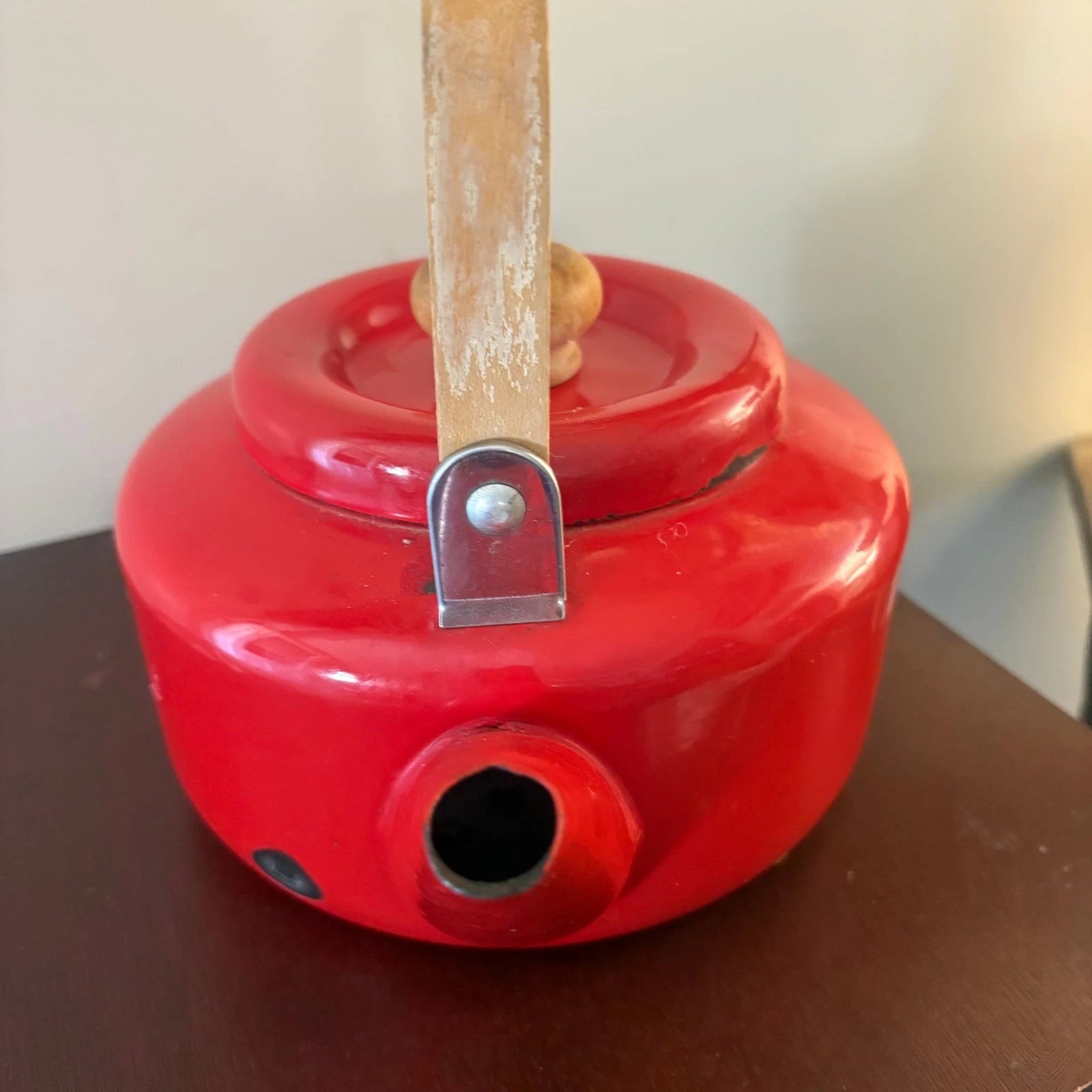 Vintage Red Enamel Teapot with Wood Handle