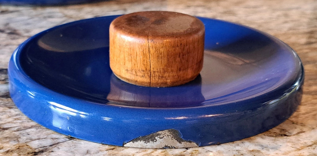 Vintage MCM Retro BLUE Enamelware 5” Tea Kettle Pot Bent Wood Handle | eBay