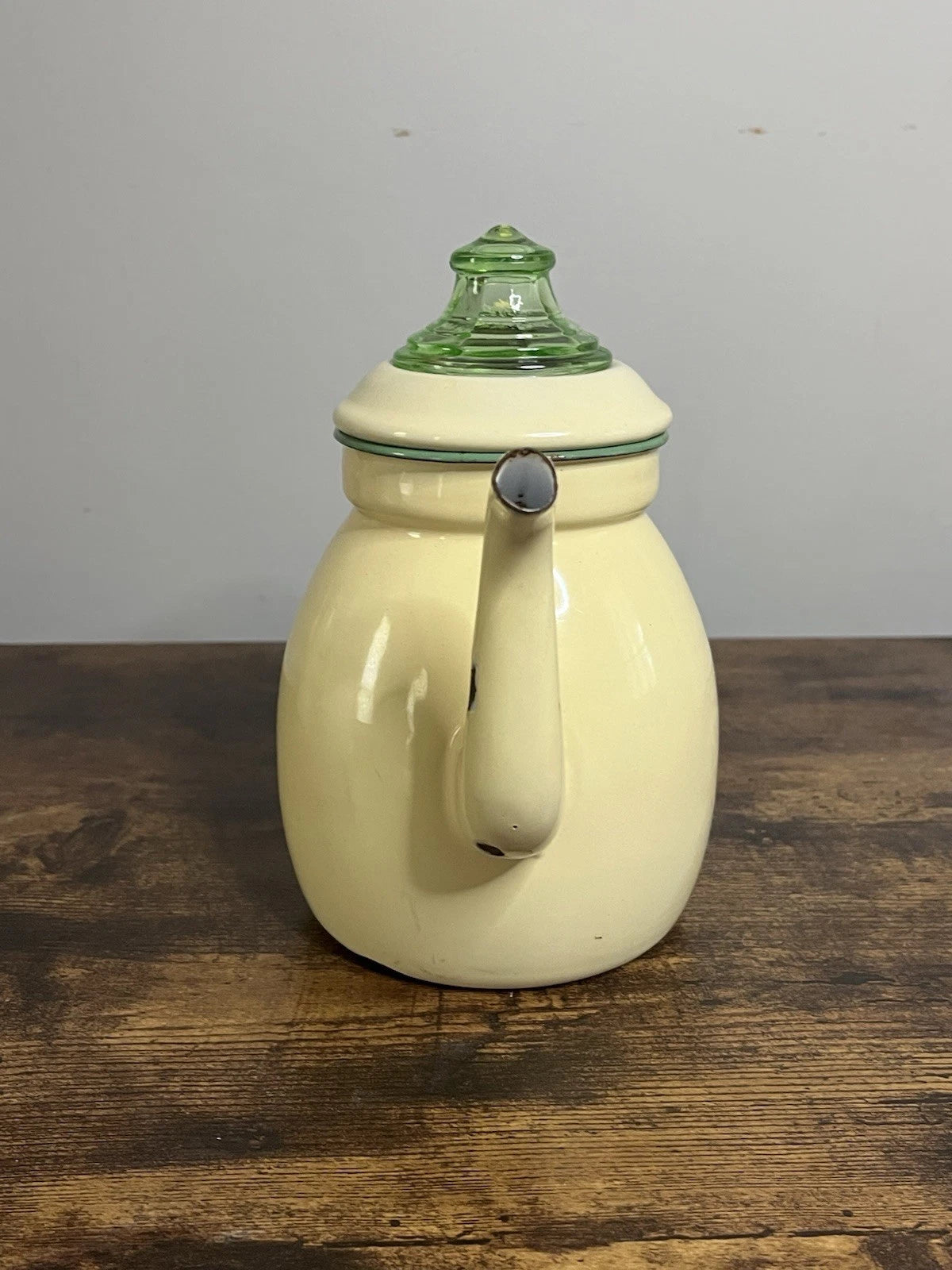 Vintage Enamelware Coffee Tea Pot Cream with Green Trim Uranium Glass Top | eBay