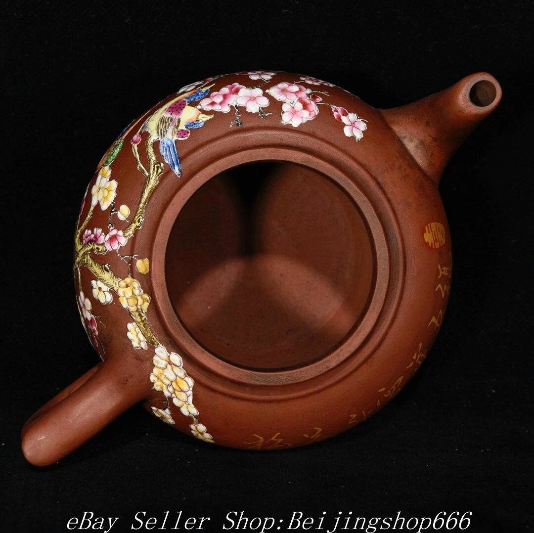 6.4" Marked Chinese Zisha Colour enamels Porcelain Flower Handle Kettle Teapot