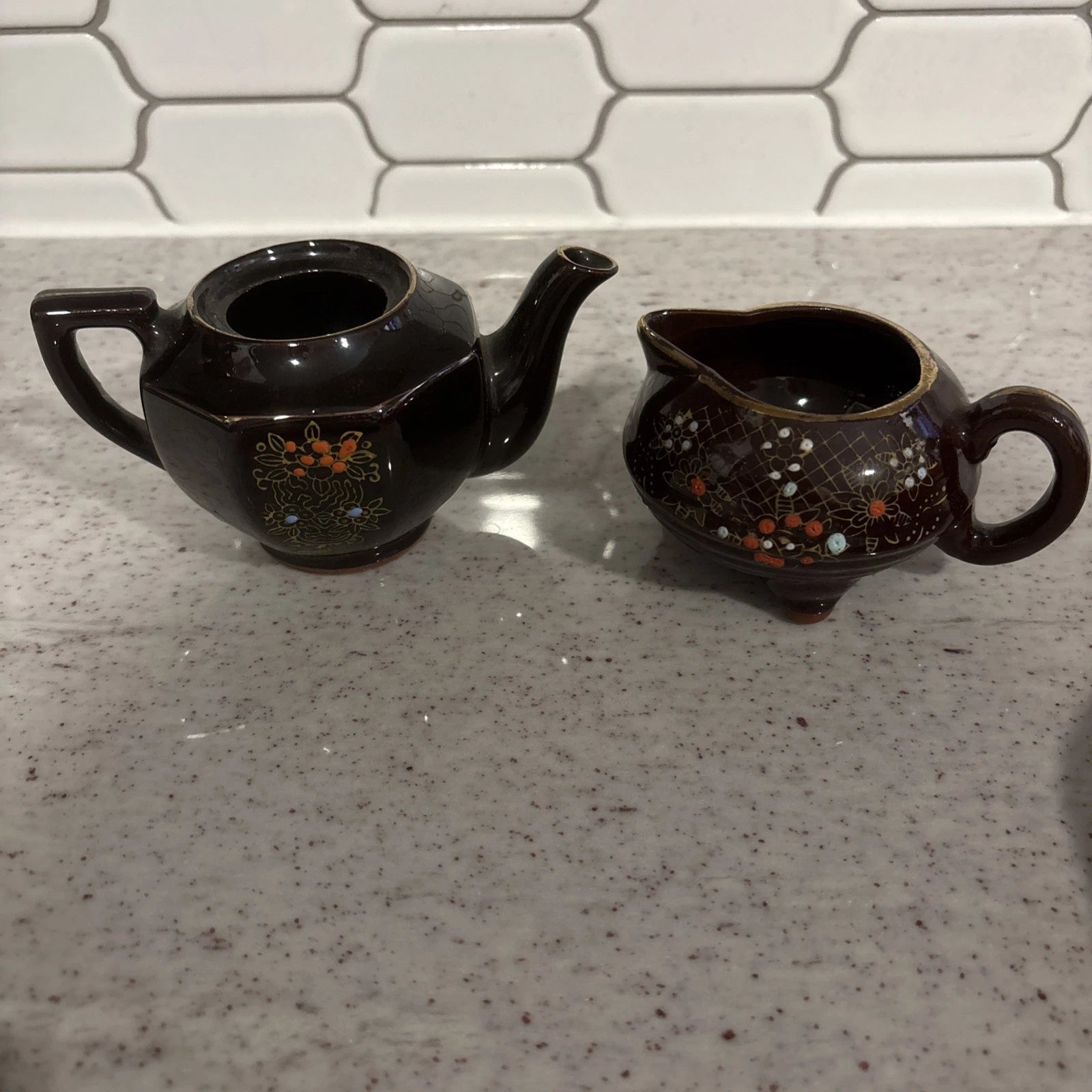 Vintage Japanese Creamer & Teapot Enamel Hand Painted
