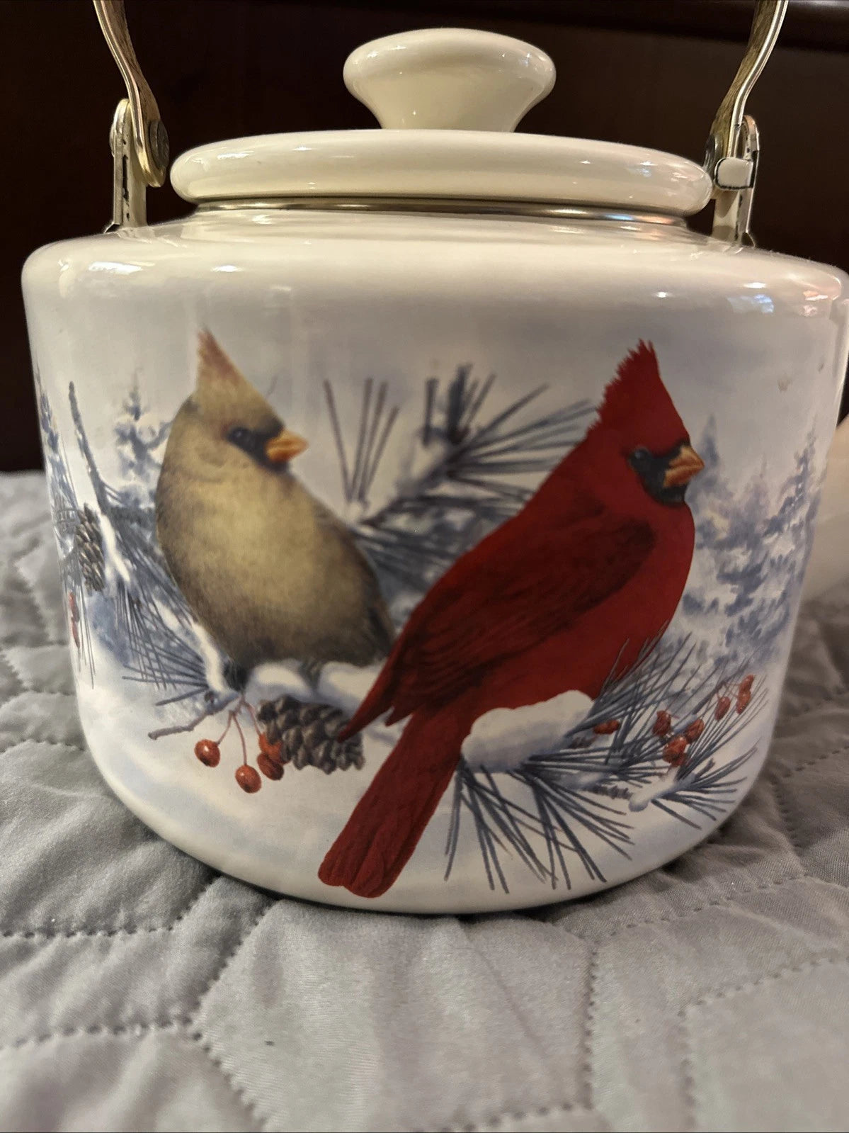Lenox Winter Greetings Scenic Enamel Tea Kettle Cardinals Chickadee Holiday