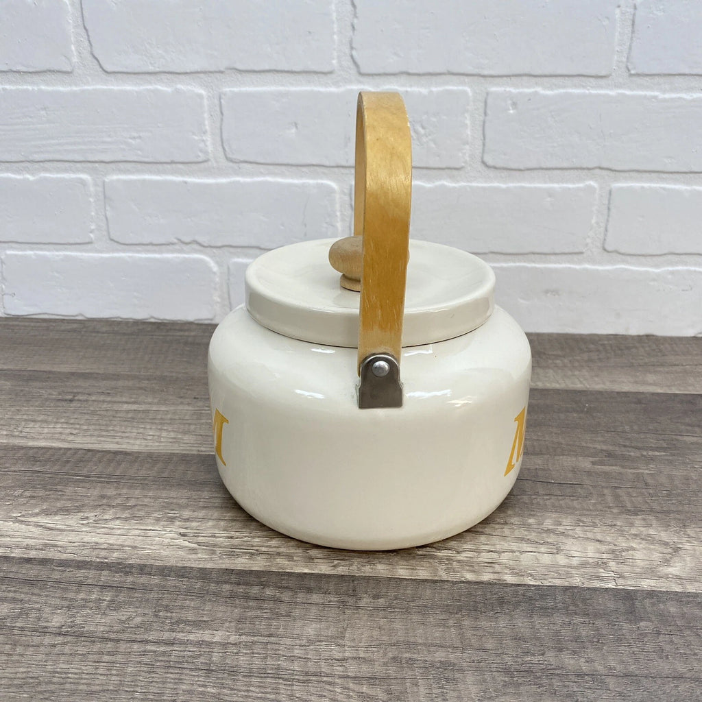 Vintage Beige Enamel Ware Mom Tea Pot Kettle Wood Handle Retro MCM Mother’s Day