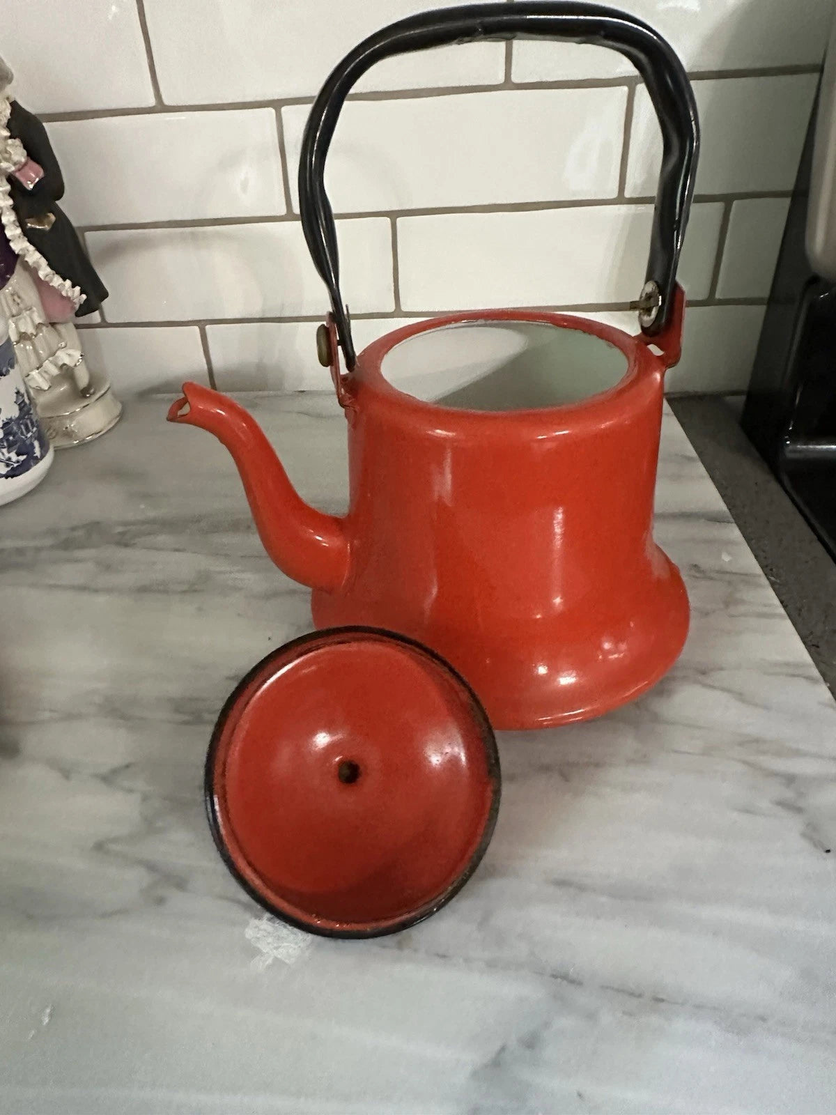 Vintage MCM Red Baked Enamel Tea Kettle with Black Handle Tea Pot Japan Rustic