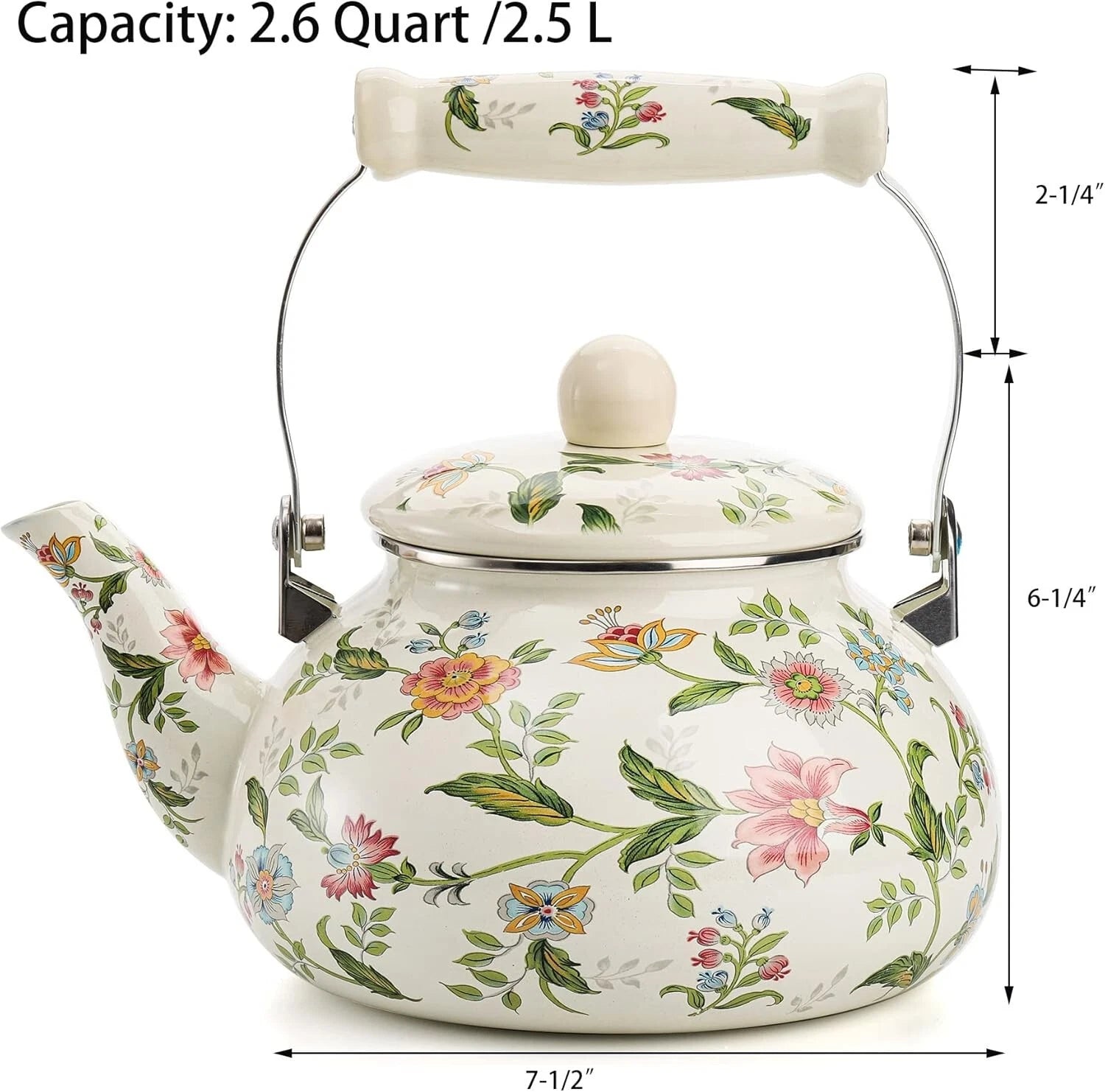 2.6 Quart Vintage Enamel Tea Kettle, Green Floral Enamel on Steel Teapot with Co