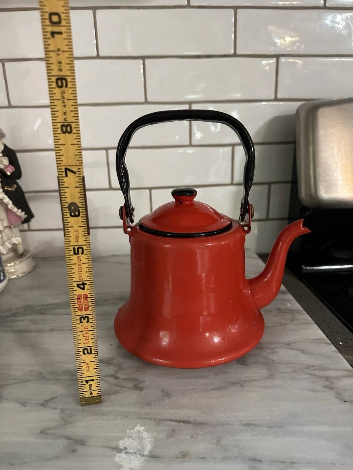 Vintage MCM Red Baked Enamel Tea Kettle with Black Handle Tea Pot Japan Rustic