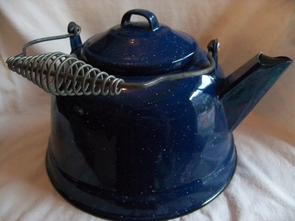 Vtg Blue White Speckled Enamelware Teapot kettle, wire wrap handle, from auction