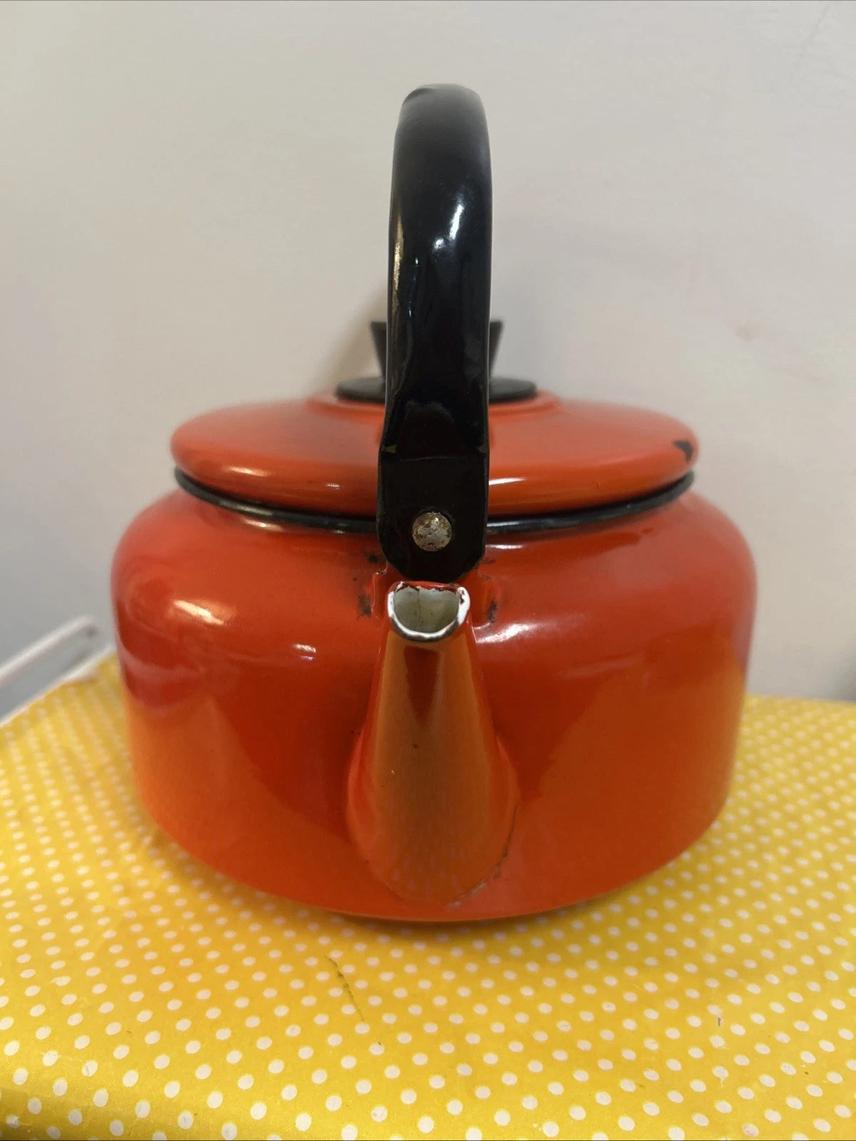 Vintage Orange Black Enamelware Tea Pot Kettle Mod Kitchen Retro 2.5QtPoland MCM