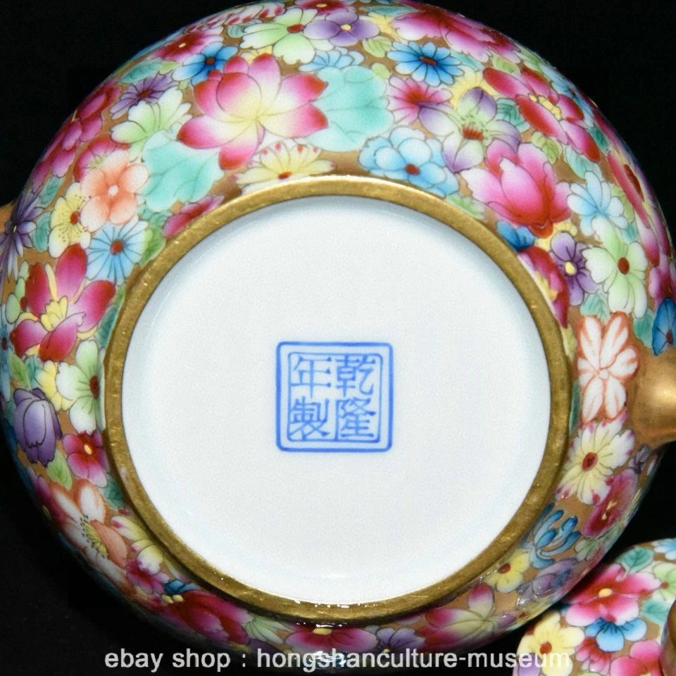5.2" Old Chinese Qianlong Marked Enamel Porcelain Flower Grape Teapot