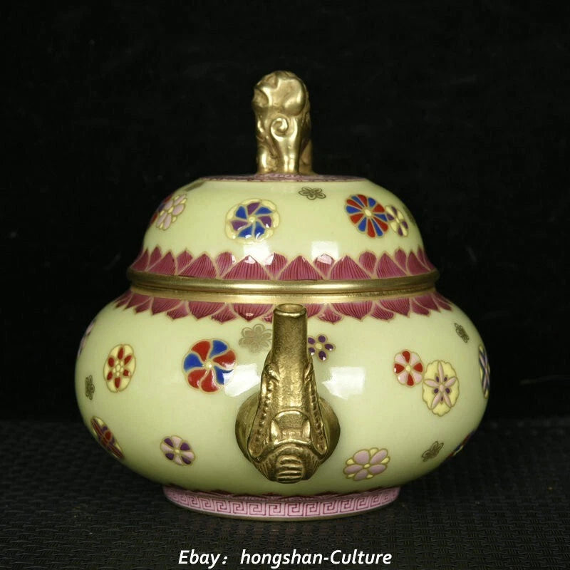 Old Qing Enamel Colour Porcelain Gold Foo Fu Dog Lion Elephant Teapot Teakettle