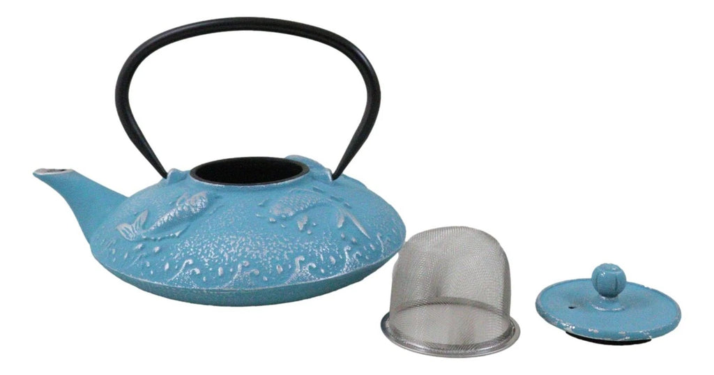 Turquoise Blue Auspicious Koi Fishes Cast Iron Tetsubin Teapot With Enamel Liner | eBay