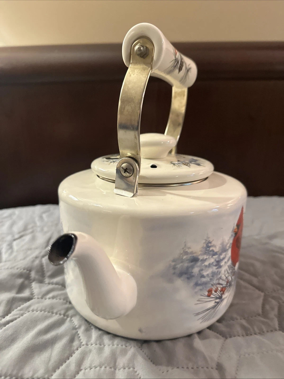 Lenox Winter Greetings Scenic Enamel Tea Kettle Cardinals Chickadee Holiday