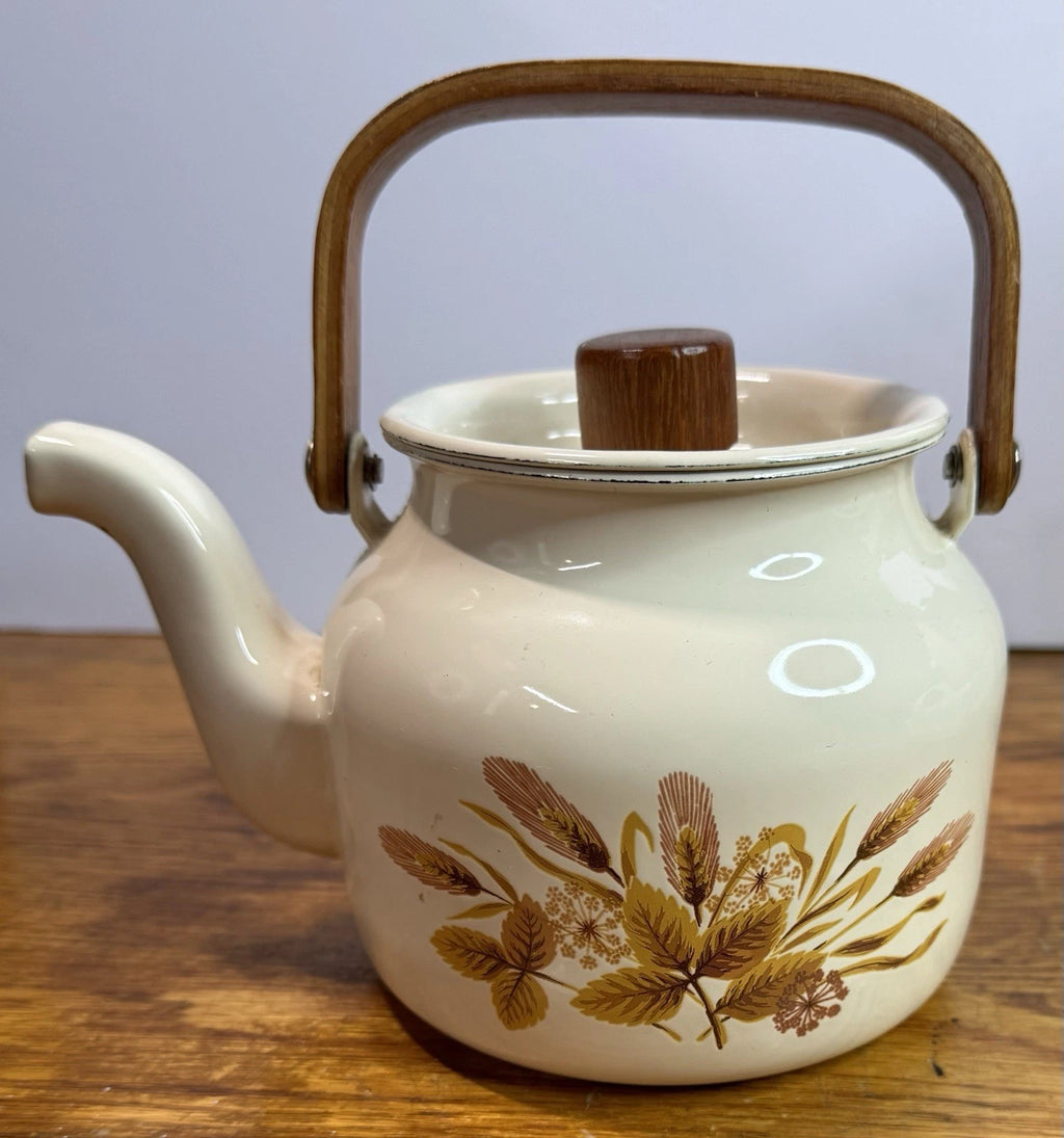 Vintage 80s Gailstyn-Sutton Enamelware Teapot Kettle Country Flower Wood Handle | eBay