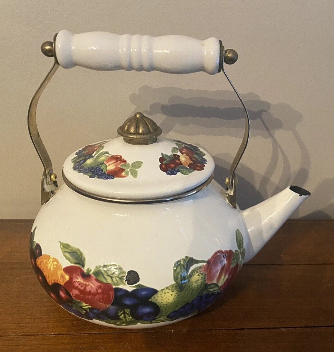 VINTAGE Teapot Kettle REGENCY ENAMEL WARE Stovetop Kitchen FRUIT