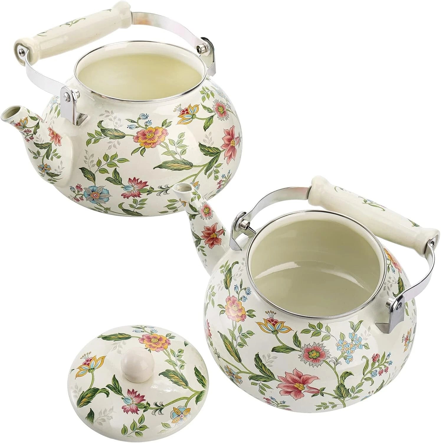 2.6 Quart Vintage Enamel Tea Kettle, Green Floral Enamel on Steel Teapot with Co
