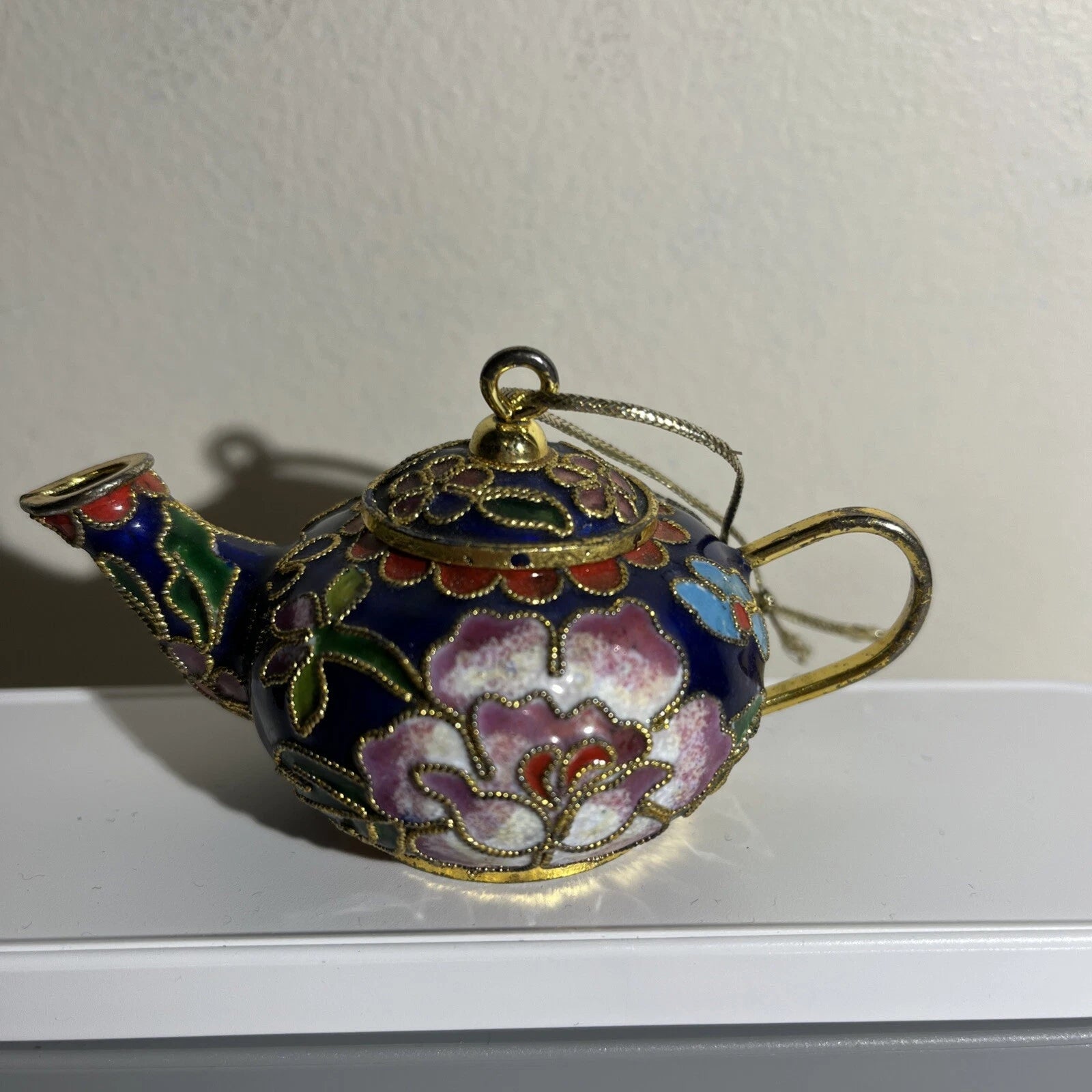 Mini Chinese Cloisonné Enameled Floral Glaze Cobalt Blue Teapot 3.5” L - 2" H