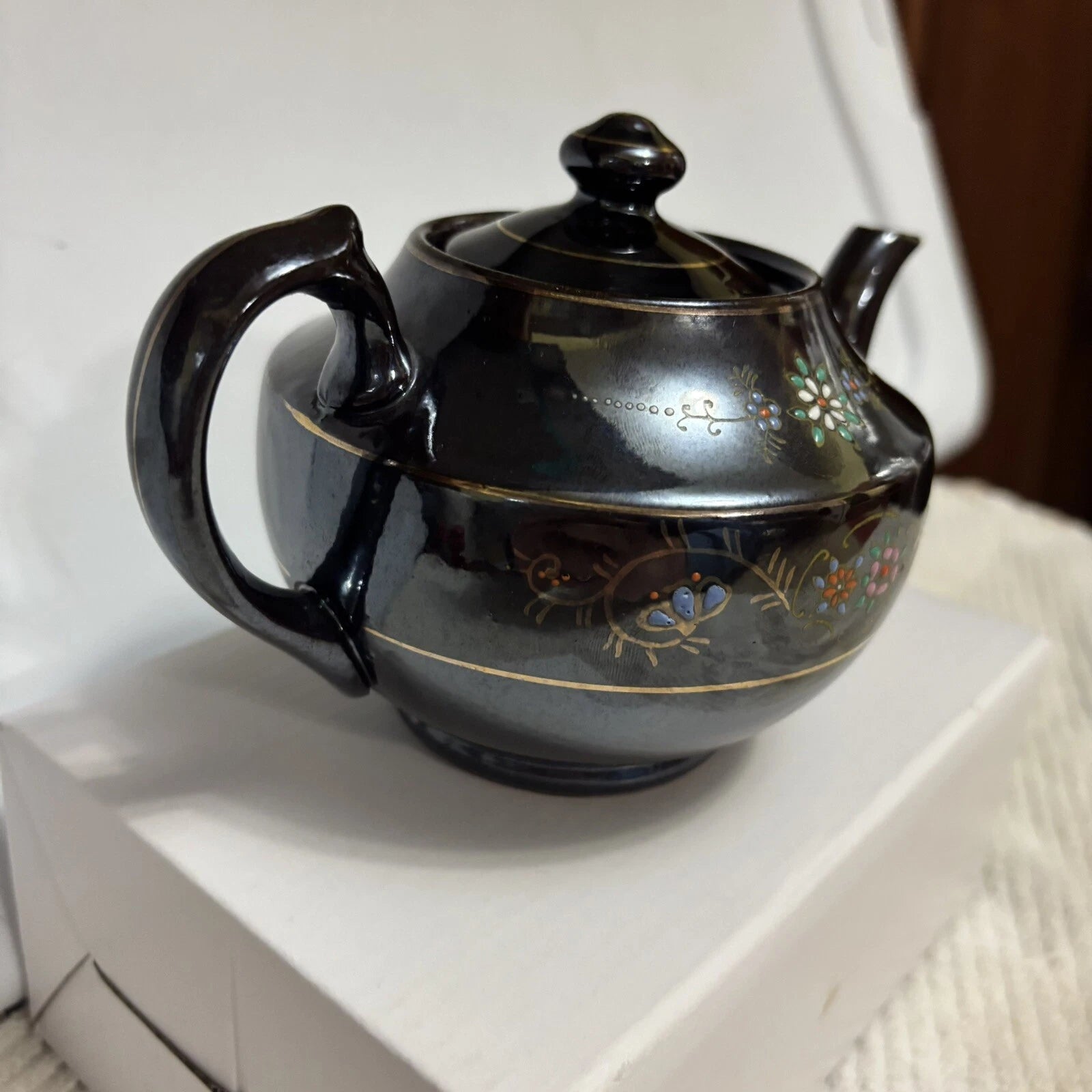 Vintage Japanese Redware Teapot Brown Betty Moriage Enamel Hand Painted Art Deco