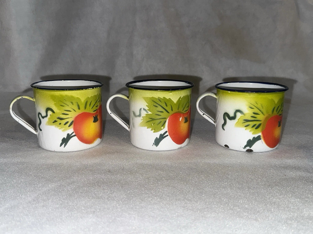 Vintage Enamel Ware Harvest Fruit Design Teapot and 6 Cups