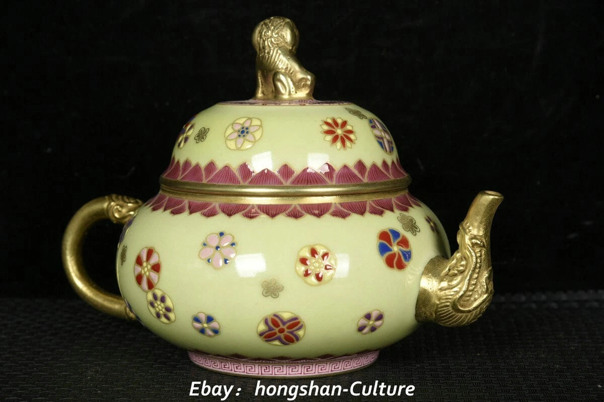 Old Qing Enamel Colour Porcelain Gold Foo Fu Dog Lion Elephant Teapot Teakettle