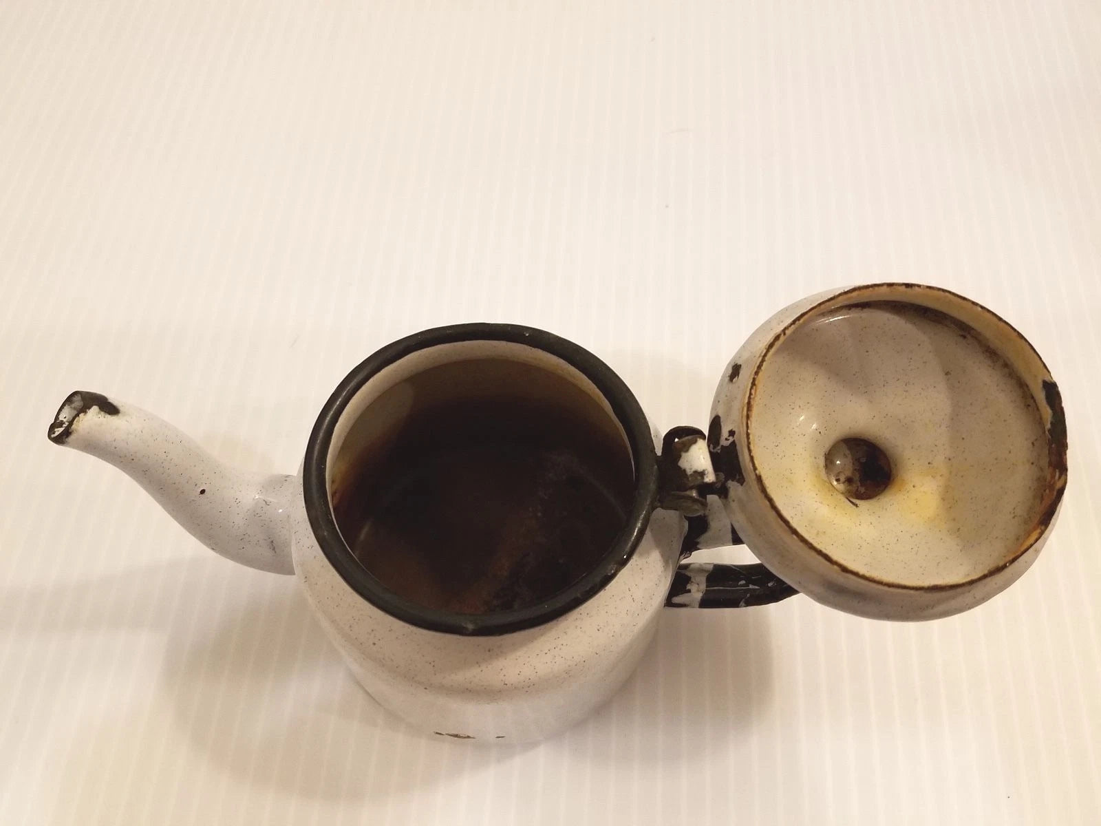 White with Speckles Small Individual Service Size Enamel Tea Pot, Black Handle