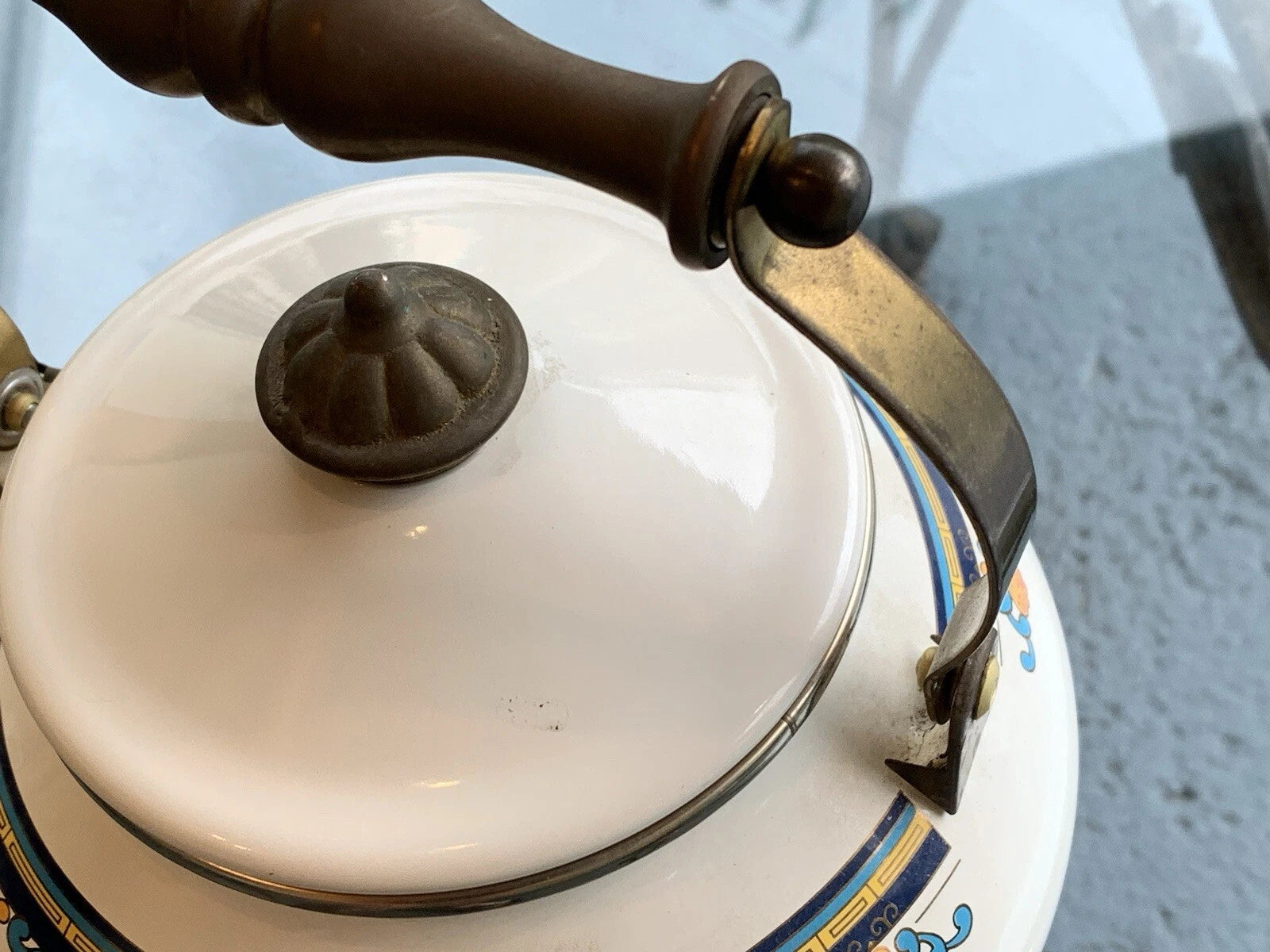 Vintage Lincoware Off White Enamel Metal Flower Motif Teapot Kettle Brass Handle