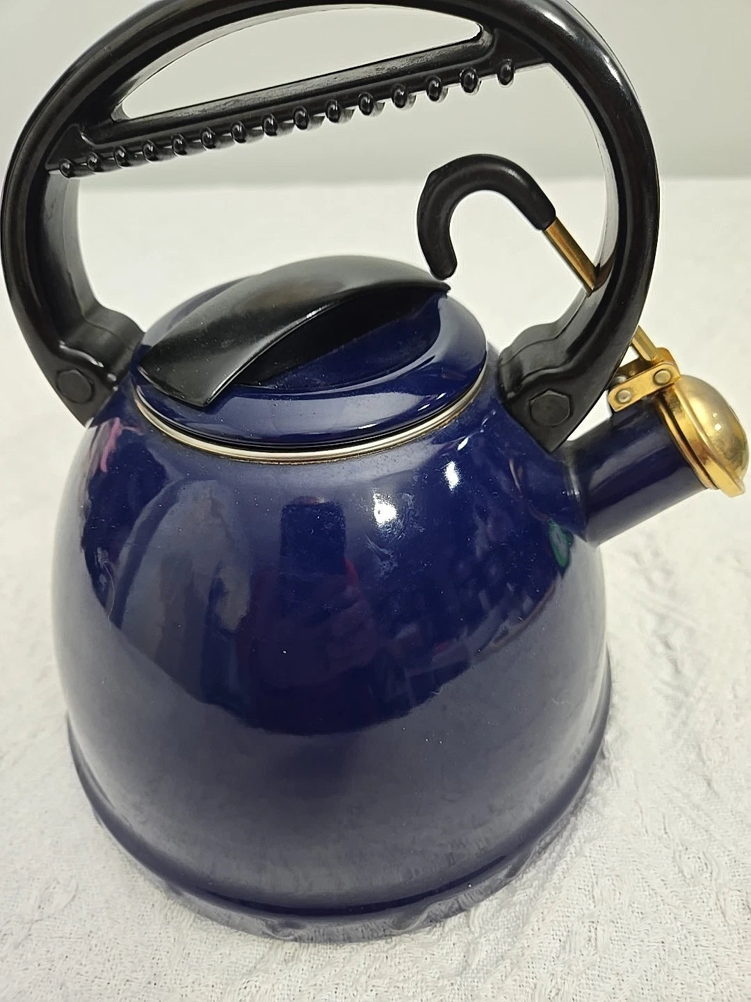 Vintage Dark Blue Enamelware Tea Pot Whistle Spout Brewing Classic