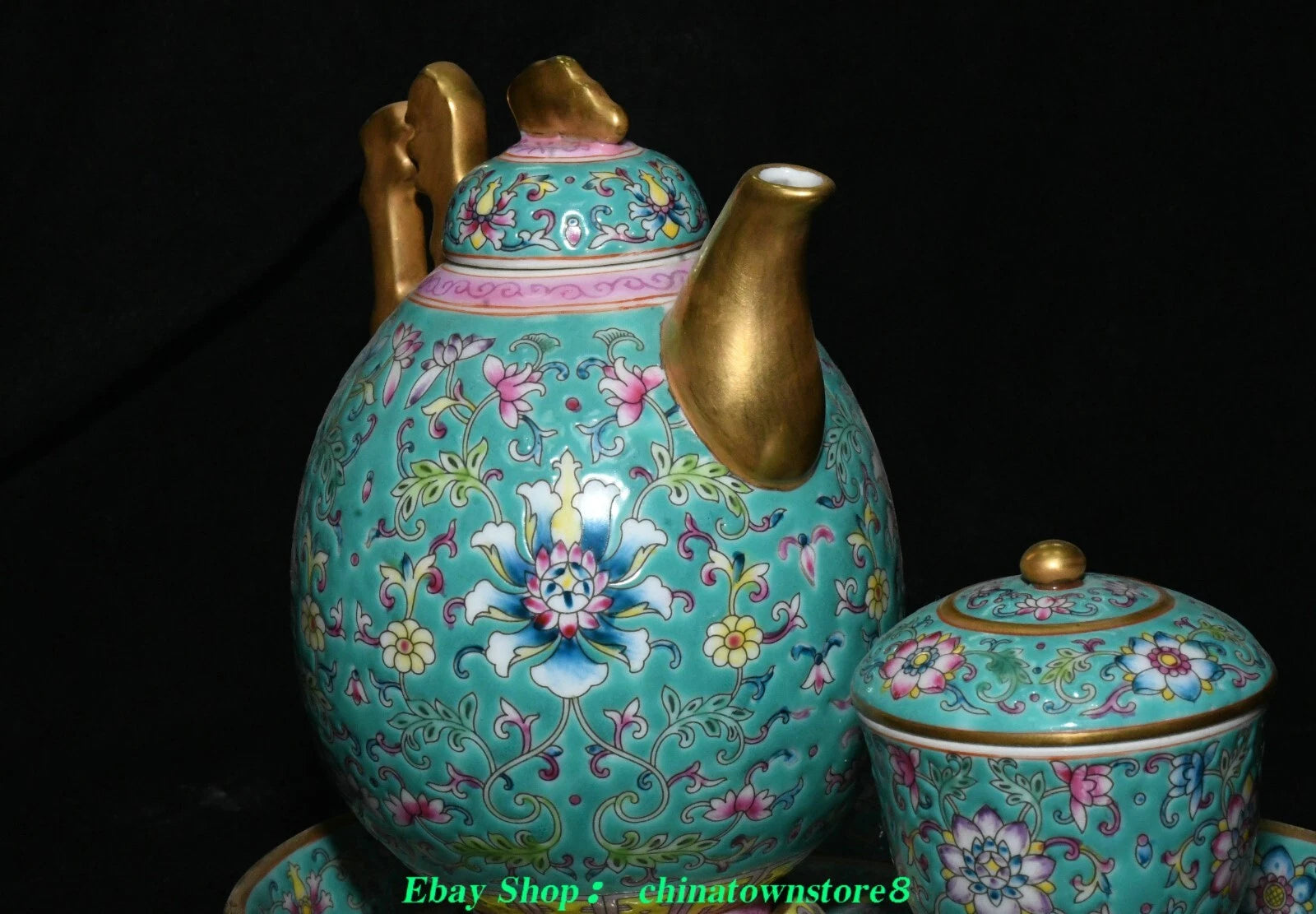 Old Qing Dynasty Enamel Colour Porcelain Gilt Flower Wine Tea Pot Flagon Set
