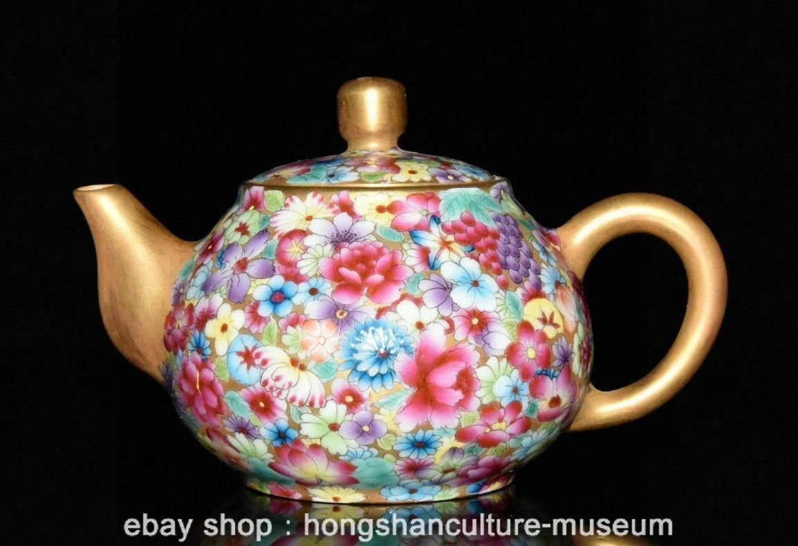 5.2" Old Chinese Qianlong Marked Enamel Porcelain Flower Grape Teapot