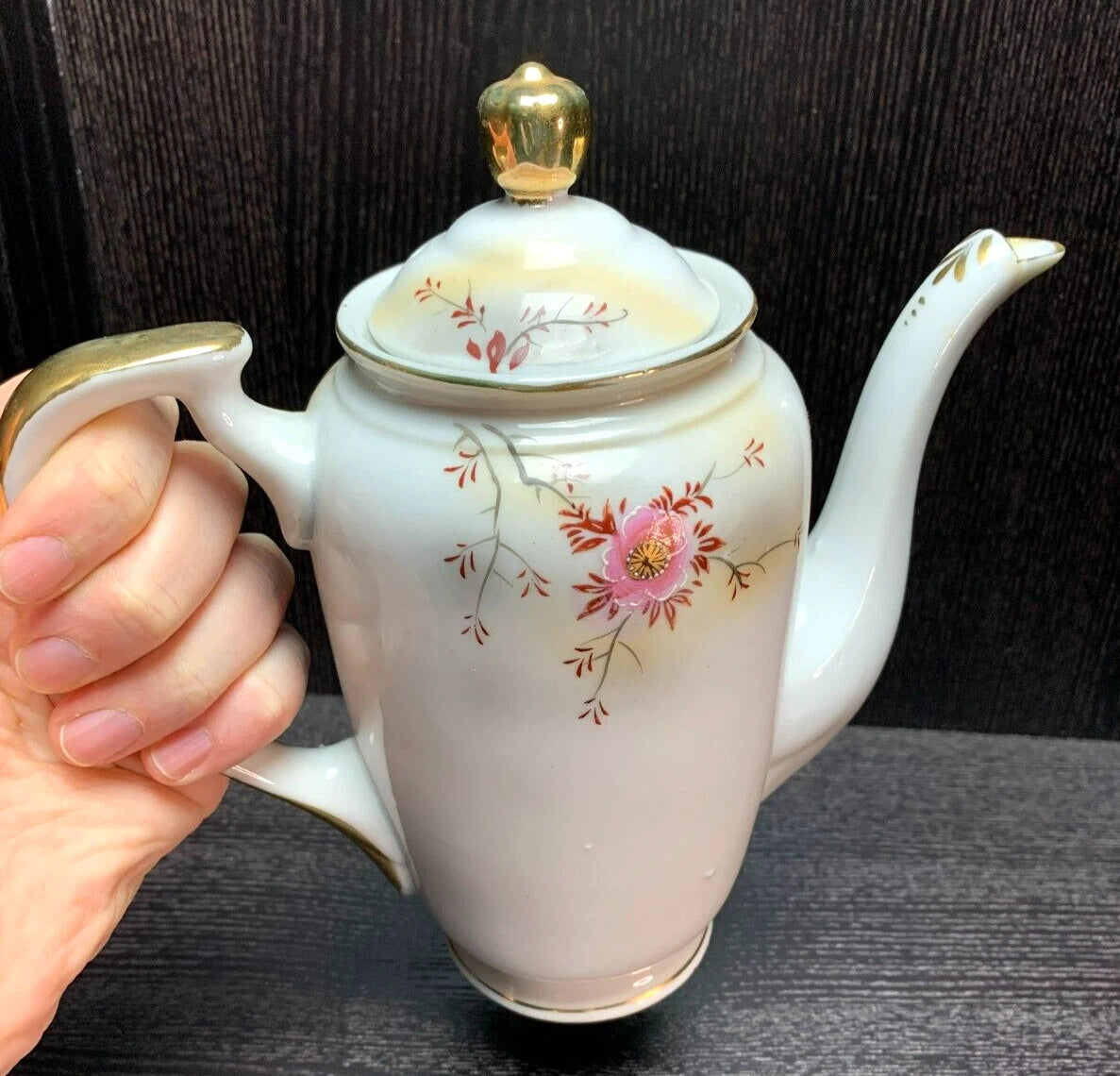 VTG JAPANESE FLORAL TEA COFFEE POT / SUGAR / CREAMER Enamel Detail, Gold Trim