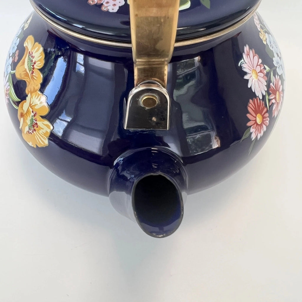1983 GAILSTYN SUTTON "Flower Garden" Vintage Enamel Ware Cobalt Teapot Kettle