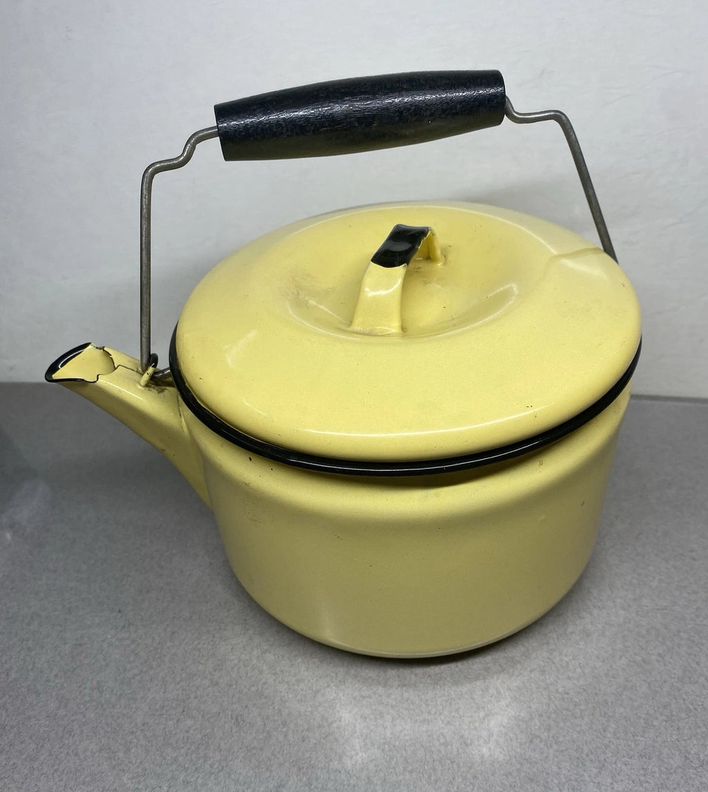 Vintage Yellow & Black Enamel Ware Teapot