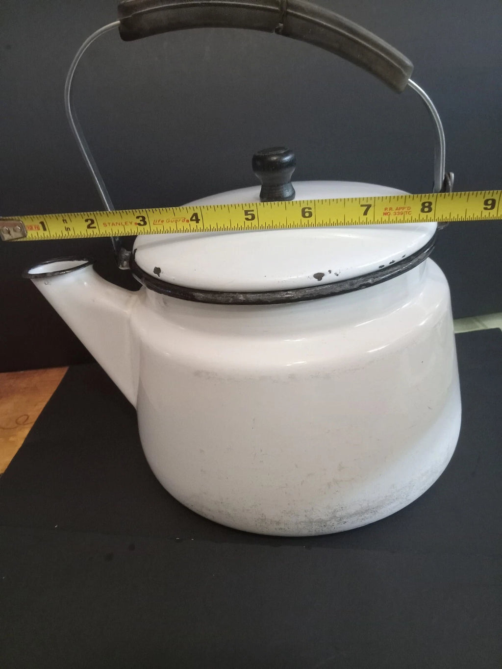 Vintage White Enamelware Tea Kettle Teapot/ Black Trim