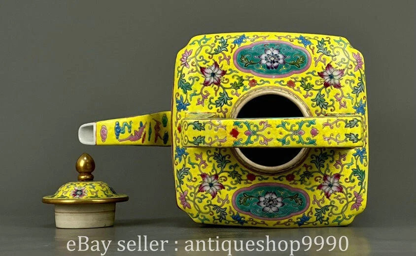 16.4" Yongzheng Marked Colour Enamel Porcelain Yellow Flower Wine Tea Pot Flagon
