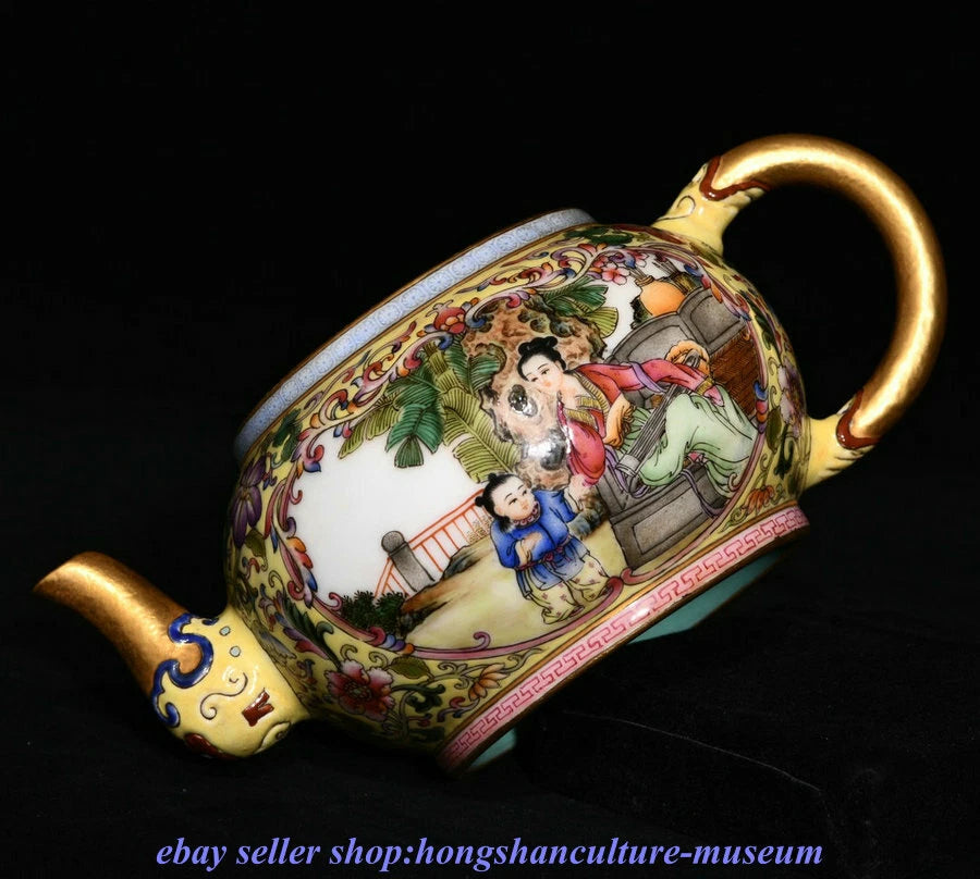 6.8 " Qianlong Marked China Colour Enamel Porcelain Dynasty People Story Teapot