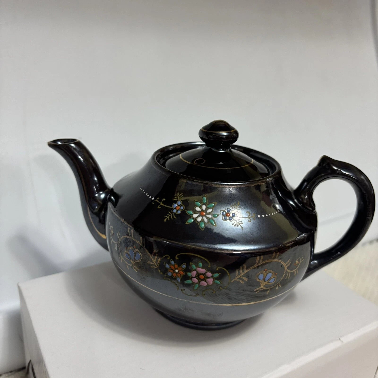 Vintage Japanese Redware Teapot Brown Betty Moriage Enamel Hand Painted Art Deco
