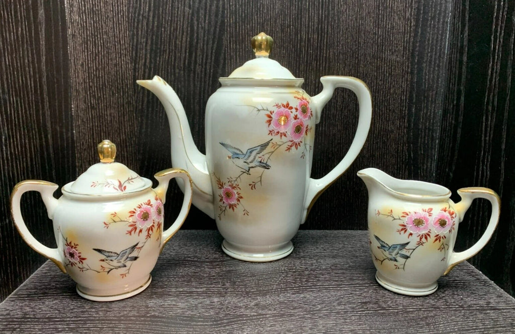 VTG JAPANESE FLORAL TEA COFFEE POT / SUGAR / CREAMER Enamel Detail, Gold Trim