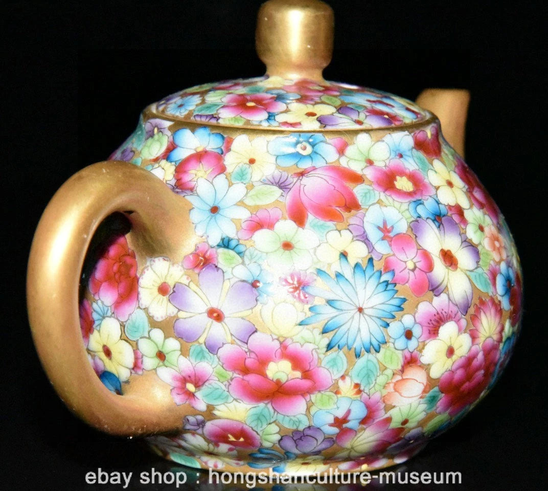 5.2" Old Chinese Qianlong Marked Enamel Porcelain Flower Grape Teapot