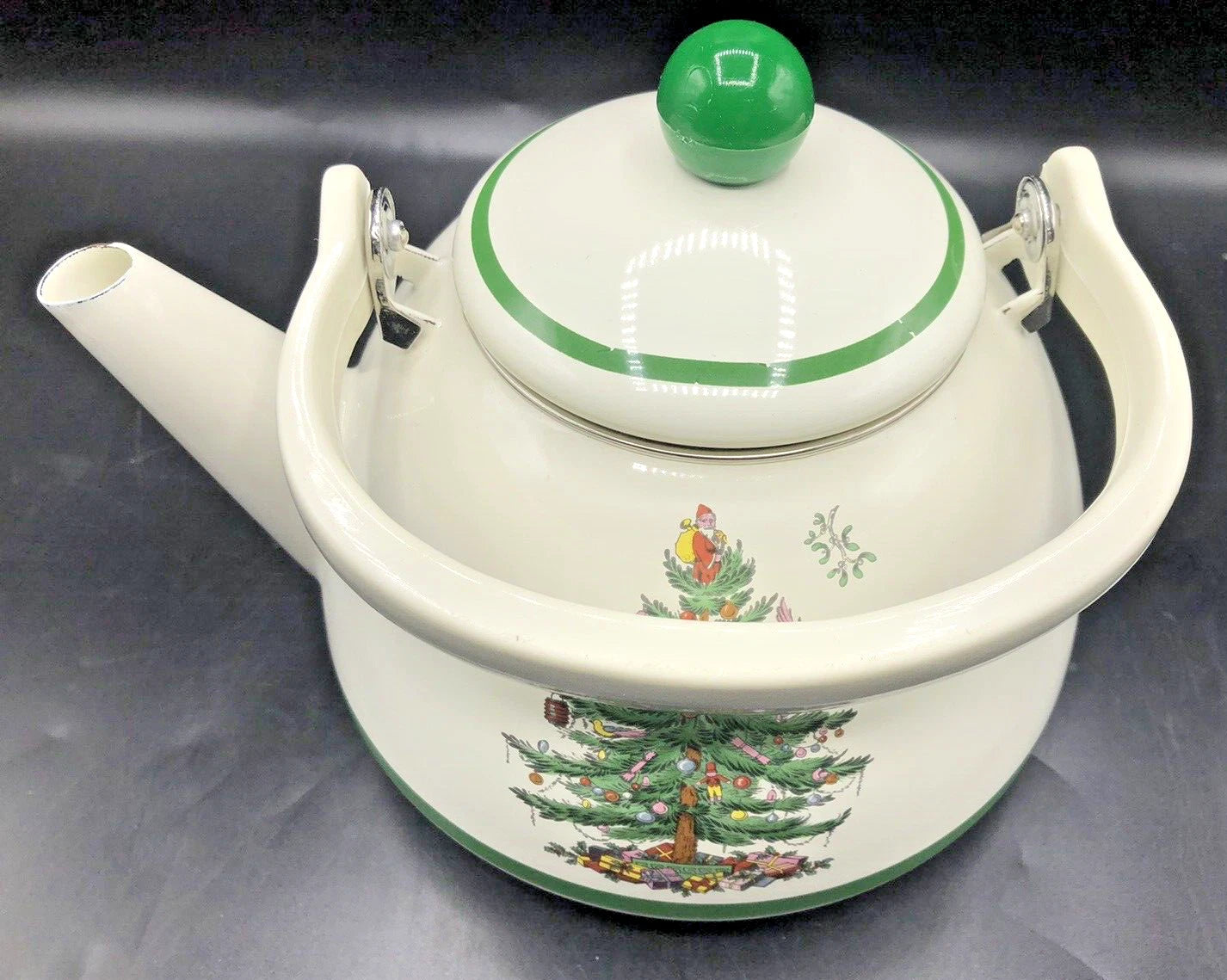 SPODE Christmas Tree Enamel On Steel Tea Kettle w Swing Handle Teapot Vtg