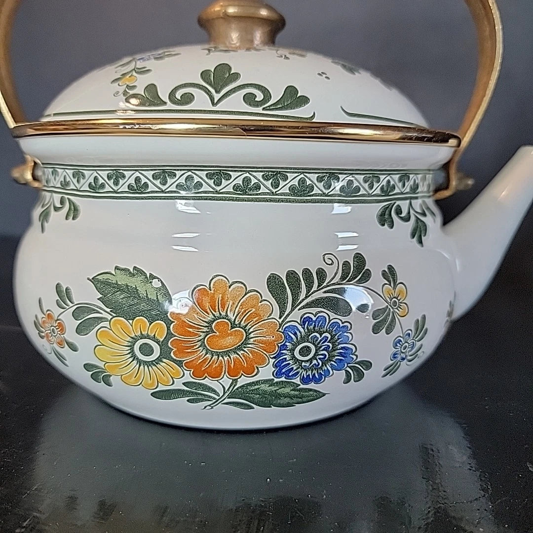 Floral Flowers enamel ware Cottage Grandma Core Asta Teapot Country Orange Blue | eBay