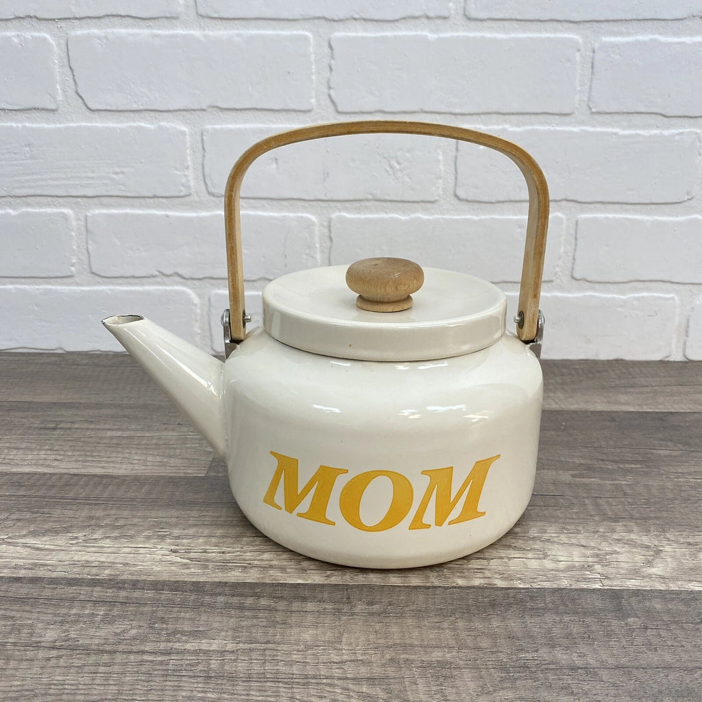 Vintage Beige Enamel Ware Mom Tea Pot Kettle Wood Handle Retro MCM Mother’s Day