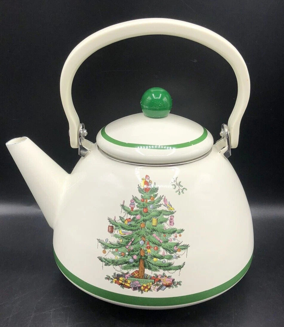 SPODE Christmas Tree Enamel On Steel Tea Kettle w Swing Handle Teapot Vtg