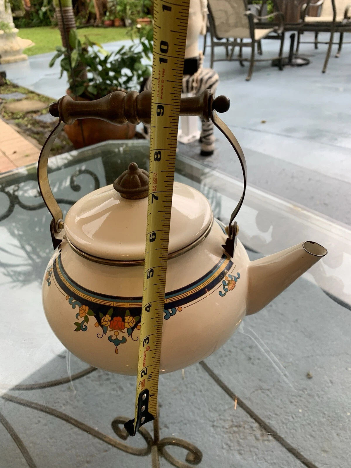 Vintage Lincoware Off White Enamel Metal Flower Motif Teapot Kettle Brass Handle