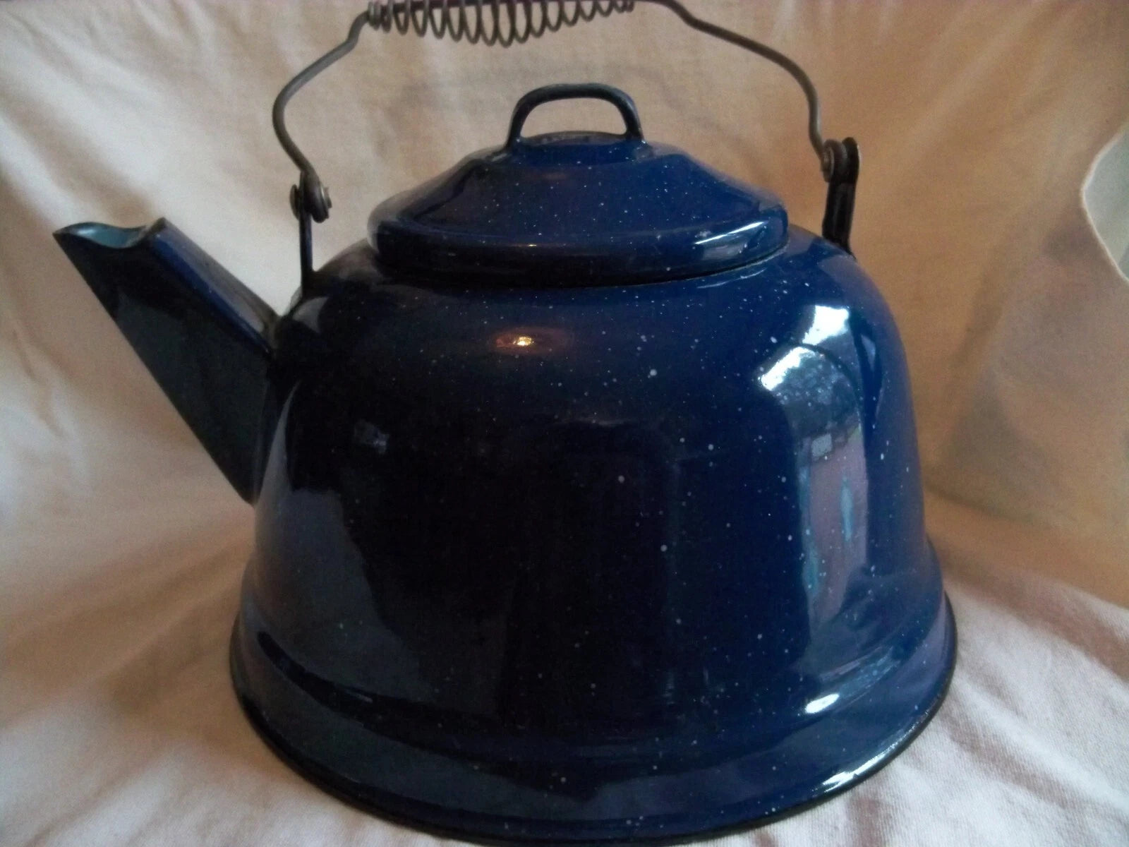 Vtg Blue White Speckled Enamelware Teapot kettle, wire wrap handle, from auction