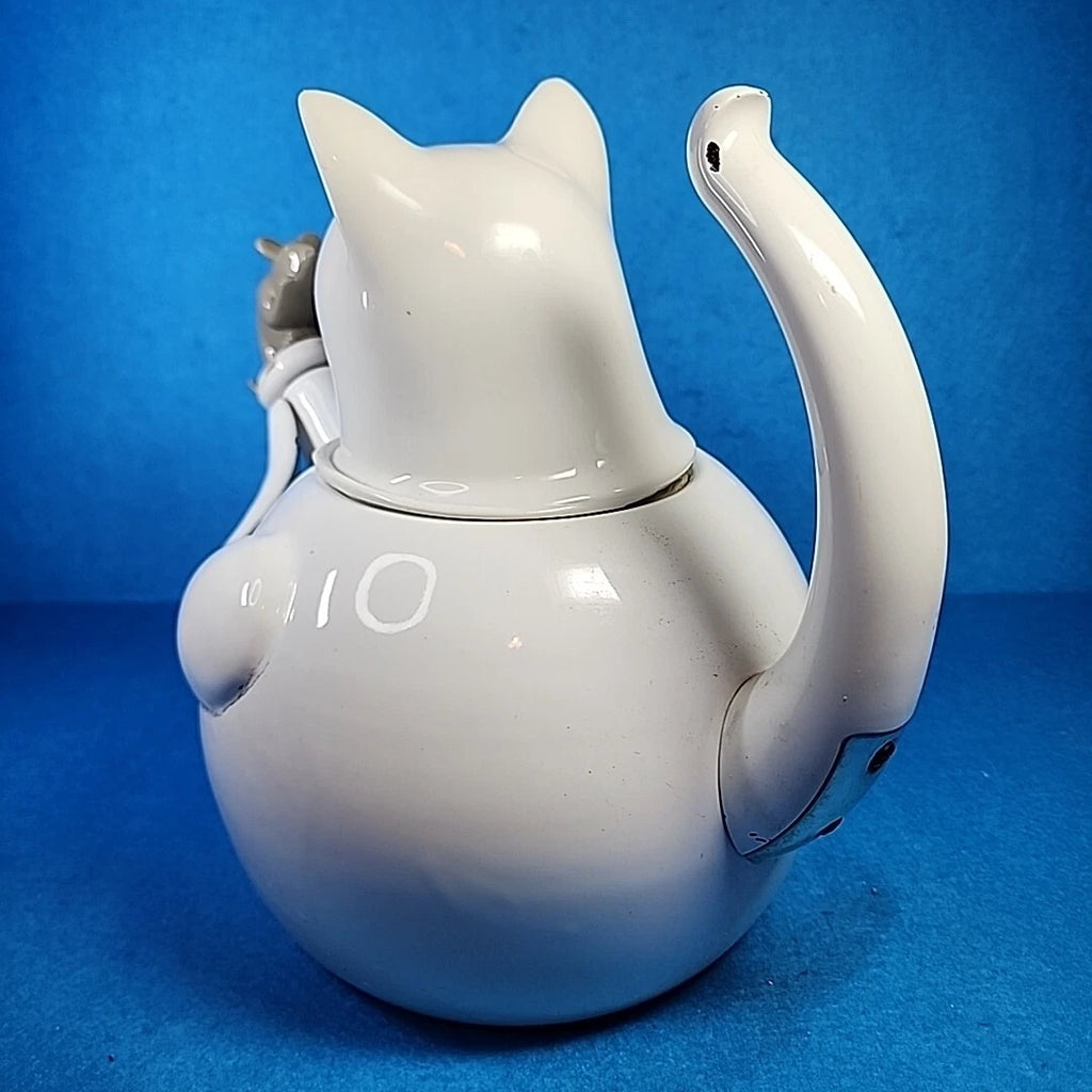 Vtg Enamelware Teapot Cat Mouse Whistling Tea Kettle White Tail Handle Enamel | eBay