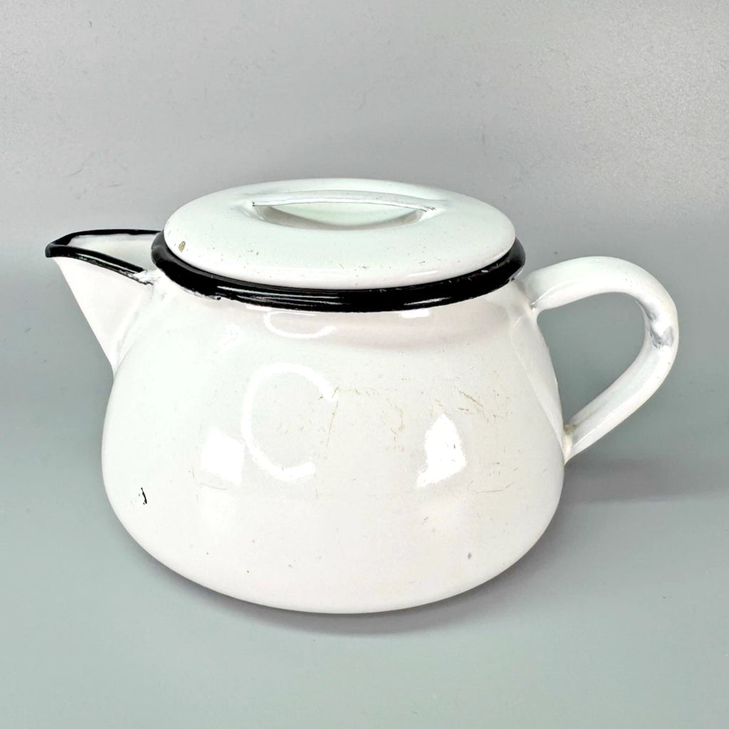 Vtg Enamelware SINGLE SERVE TEAPOT White Black Trim POLAR WARE? Small | eBay