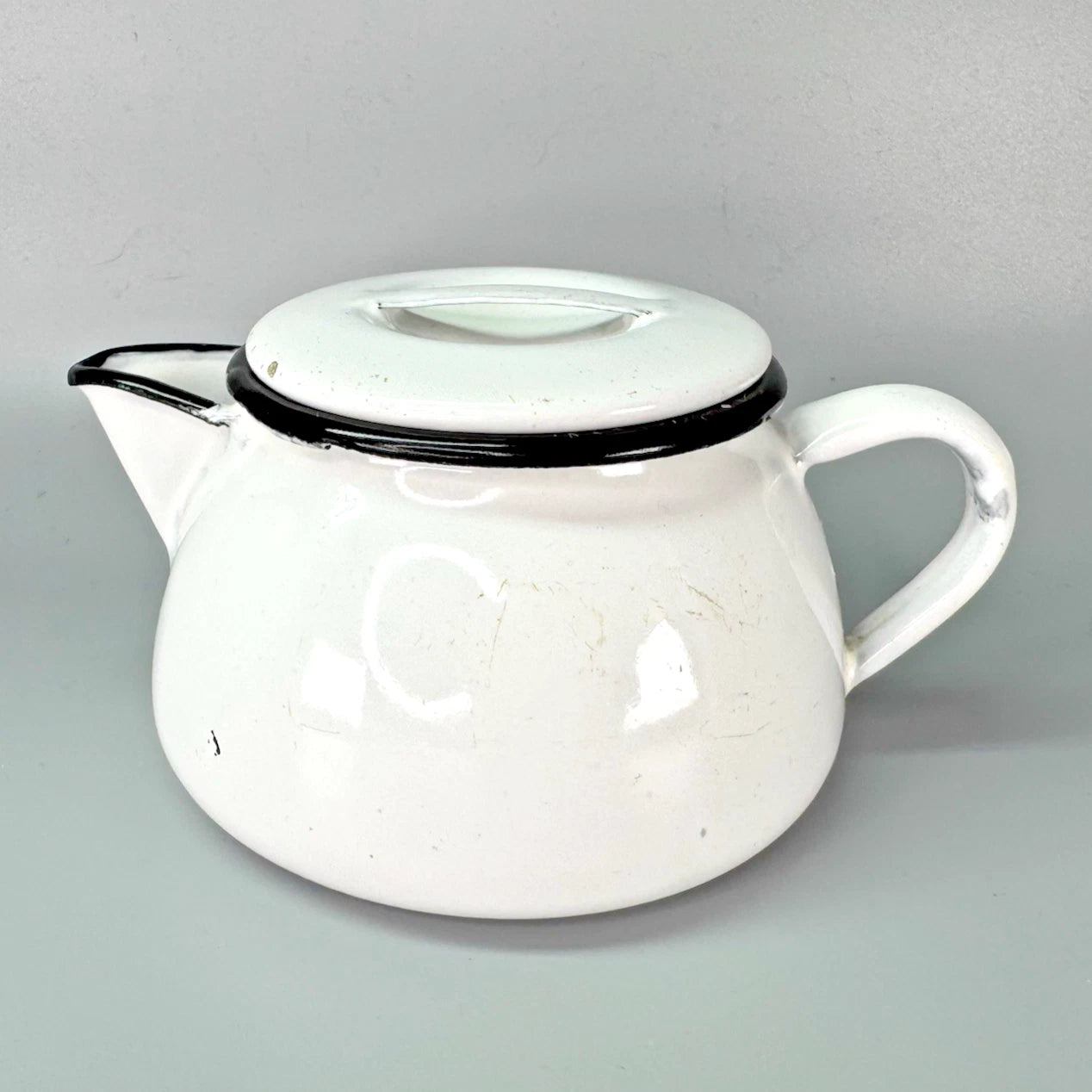 Vtg Enamelware SINGLE SERVE TEAPOT White Black Trim POLAR WARE? Small | eBay