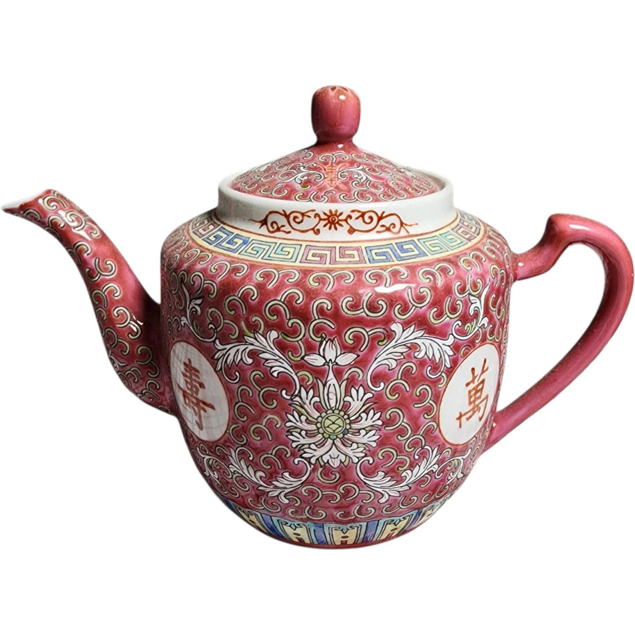 Vintage Chinese Porcelain Teapot Red & White Longevity Symbols Floral Lotus Desi