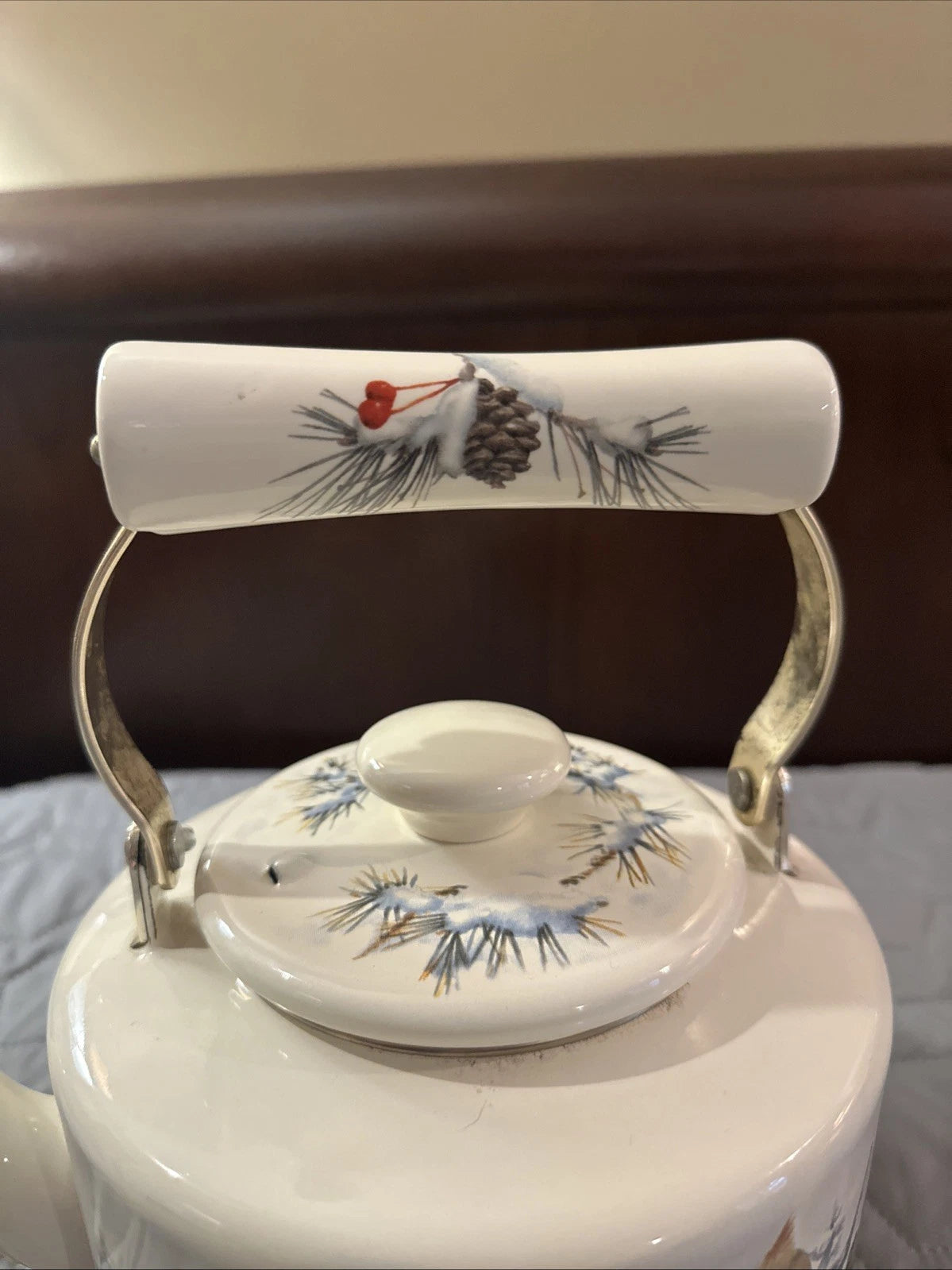 Lenox Winter Greetings Scenic Enamel Tea Kettle Cardinals Chickadee Holiday