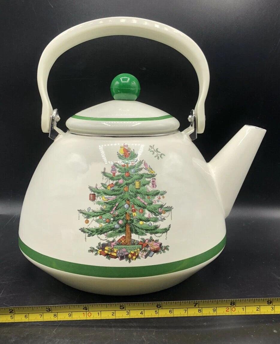 SPODE Christmas Tree Enamel On Steel Tea Kettle w Swing Handle Teapot Vtg